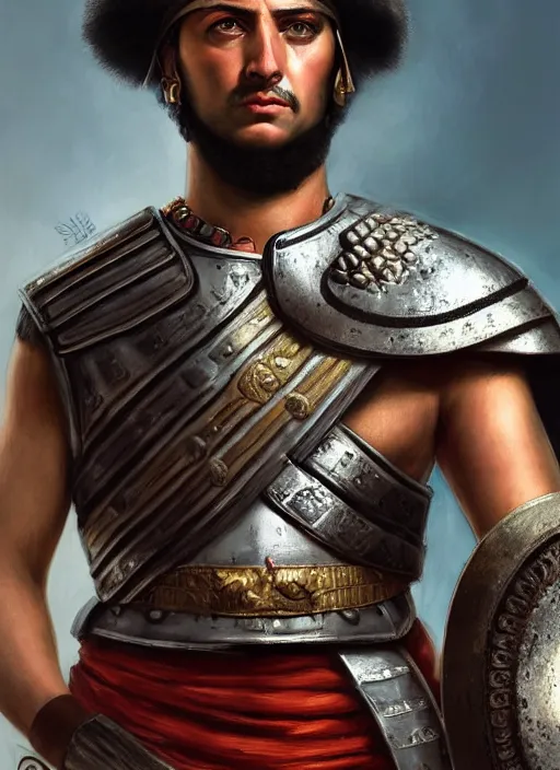 Prompt: roman general, handsome young man with black hair, ancient soldier, close - up portrait of roman centurion without helmet, character portrait, masterfully shaded, deep focus, amber eyes, insane color, artstation, perfect dramatic lighting, 8 k, game cover art, sharp focus, anatomically correct, historical reconstruction, by artgerm and greg rutkowski