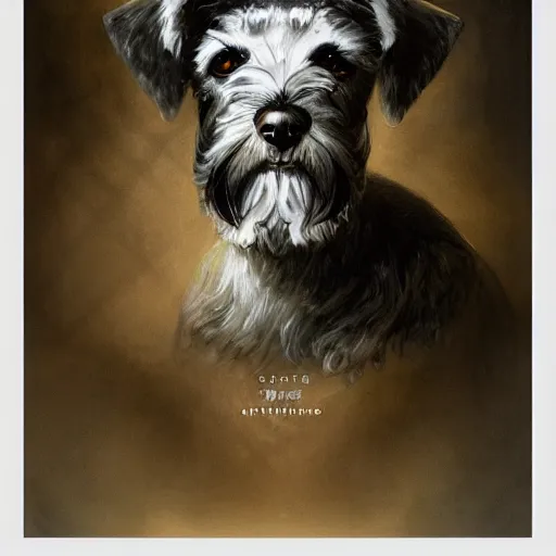 Image similar to portrait of stoic looking miniature schnauzer, military uniform, black fir, white eyebrows, fantasy, intricate, elegant, highly detailed, centered, dark, smokey, charcoal painting, digital painting, artstation, concept art, smooth, sharp focus, illustration, art by artgerm and greg rutkowski and alphonse mucha