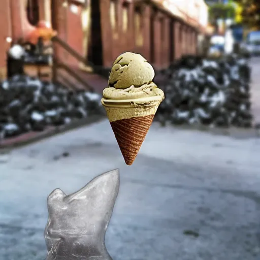 Prompt: a photograph of a grotesque, levitating, alien ice cream cone from beyond