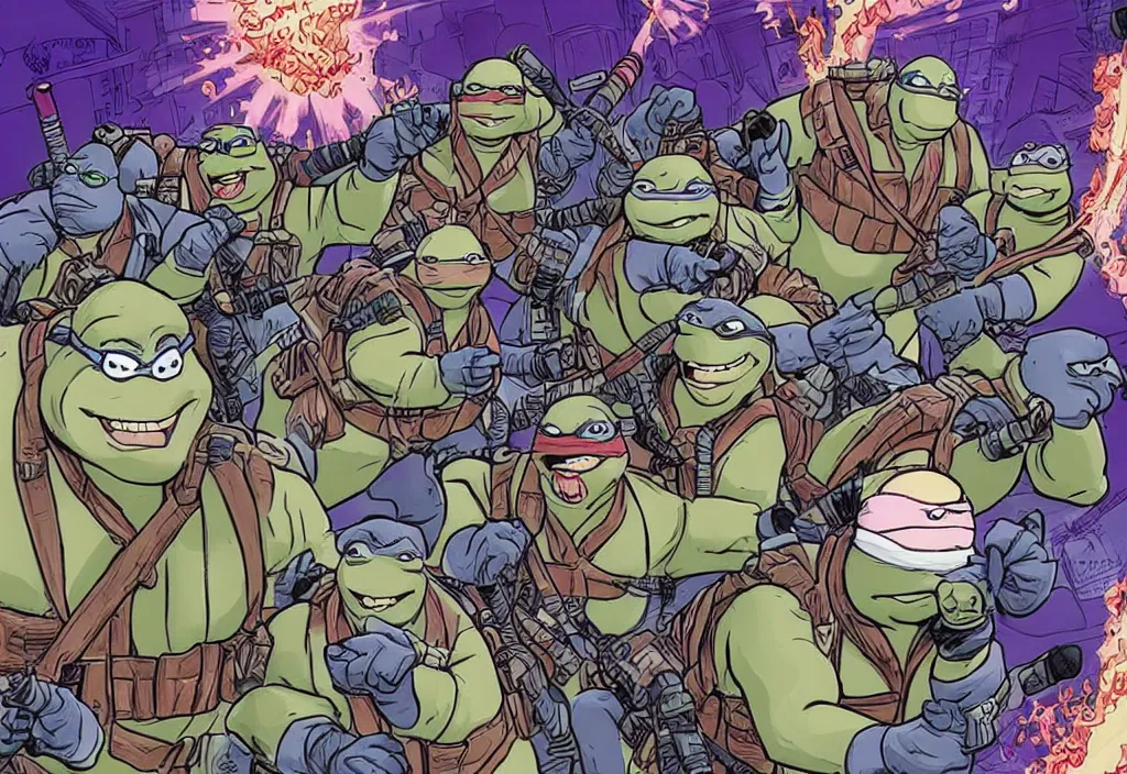 Prompt: the ghostbusters meet the ninja turtles