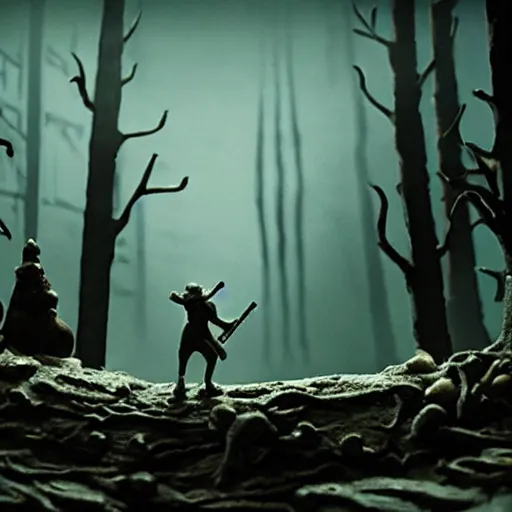 Prompt: the last orchestra, extremely detailed claymation art, extremely realistic, dark, moody, foggy