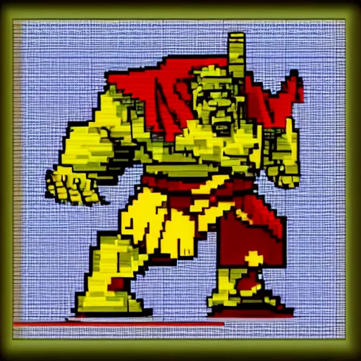 Image similar to Orc male readies his rifle, staring down the telescopic sights. His red and gold cape fluffers in the wind, and his renaissance era armor glistens in the sunshine, pixel art 128x128 MS-DOS Heroes of Might and Magic