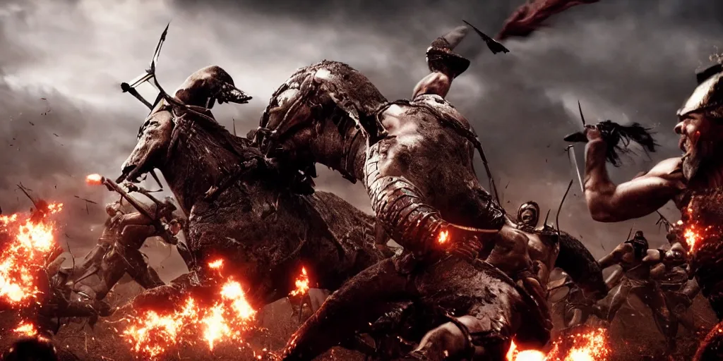 Image similar to epic battle screen of hero, film still from the movie'3 0 0'( 2 0 0 6 ), 3 d, 8 k realistic, cryengine, playstion 5 screen, cinematic lighting