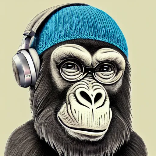 Prompt: stoned ape, headphones and knitted cap, realistic, colored pencil, extremely detailed, sharp focus, wide view, smooth, digital illustration, by james jean, by rossdraws, frank franzzeta, mcbess, sakimichan, brosmin, danton fadeev, steve simpson