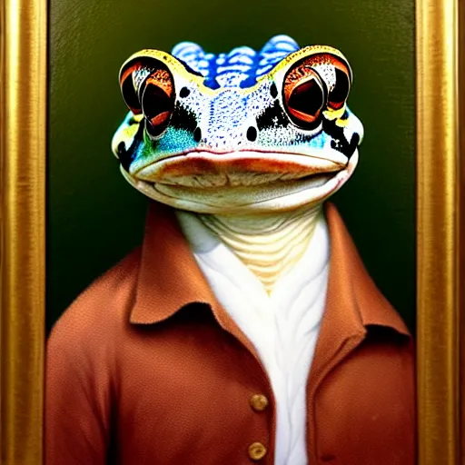 Image similar to a head and shoulders portrait painting of an anthropomorphic!!!!!!!!!! amazon milk frog!!!!!!!!!! wearing a colonial!!!!!!!!!! outfit without a hat looking off camera, a character portrait, romanticism, oil on canvas, visible brushstrokes, intense colors