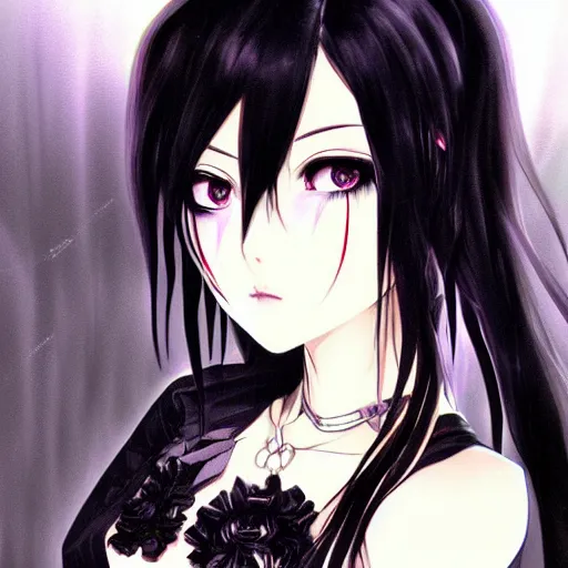 Image similar to young gothic anime woman with black hair and golden highlights, wearing a black necklace and with pretty makeup, drawn by WLOP, by Avetetsuya Studios, anime drawing, trending on artstation