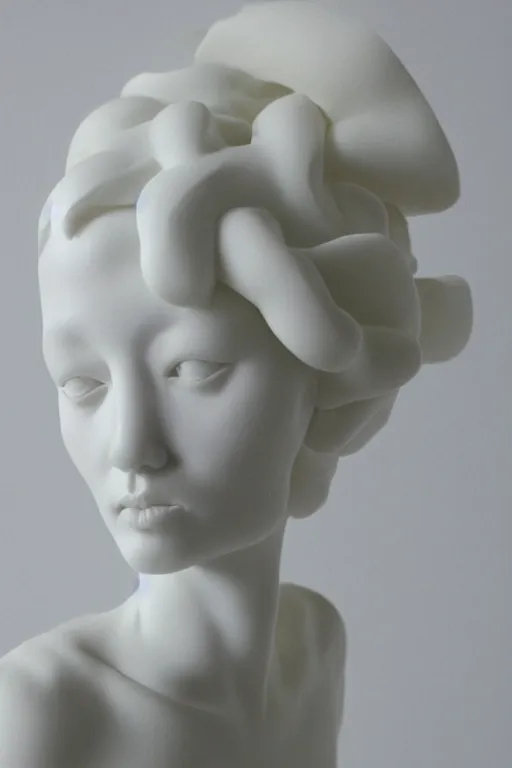 Prompt: full head and shoulders, beautiful female porcelain sculpture by daniel arsham and raoul marks, smooth, all white features on a white background, hair built like an apartment tower, delicate facial features, white eyes, white lashes, detailed white,