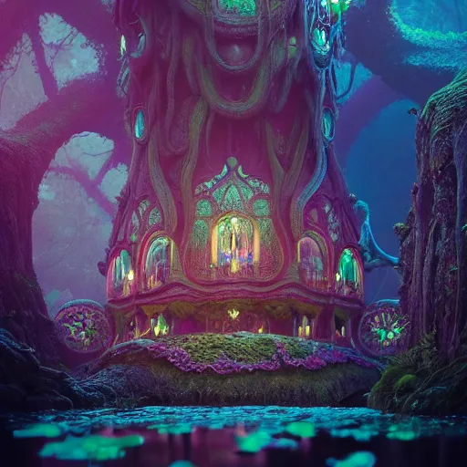 Prompt: creature in a lush candyland, water reflection, night, backlit, warm tones, bioluminescent : by michal karcz, daniel merriam, victo ngai and guillermo del toro : ornate, dynamic, particulate, intricate, elegant, highly detailed, centered, artstation, smooth, sharp focus, octane render