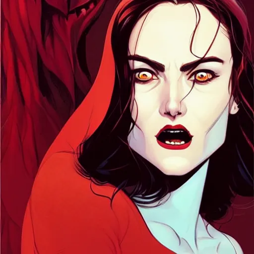 Image similar to Rafeal Albuquerque comic art, Joshua Middleton comic art, American Vampire comic art, pretty Phoebe Tonkin vampire open mouth smile sharp teeth, fully red eyes no pupils, horror, symmetrical face, symmetrical eyes, pretty white dress, short black hair, full body:: snow outside::