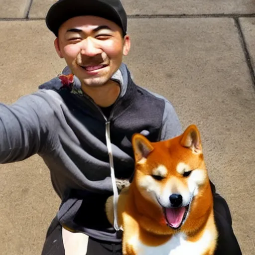 Image similar to a photo selfie of shiba inu and duck, best friends