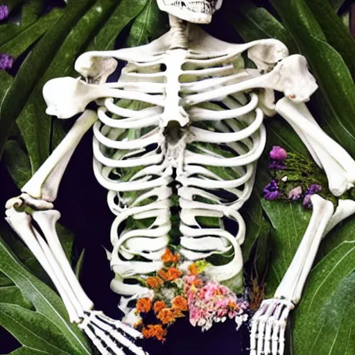 Prompt: hyper realistic man made of bones and flowers