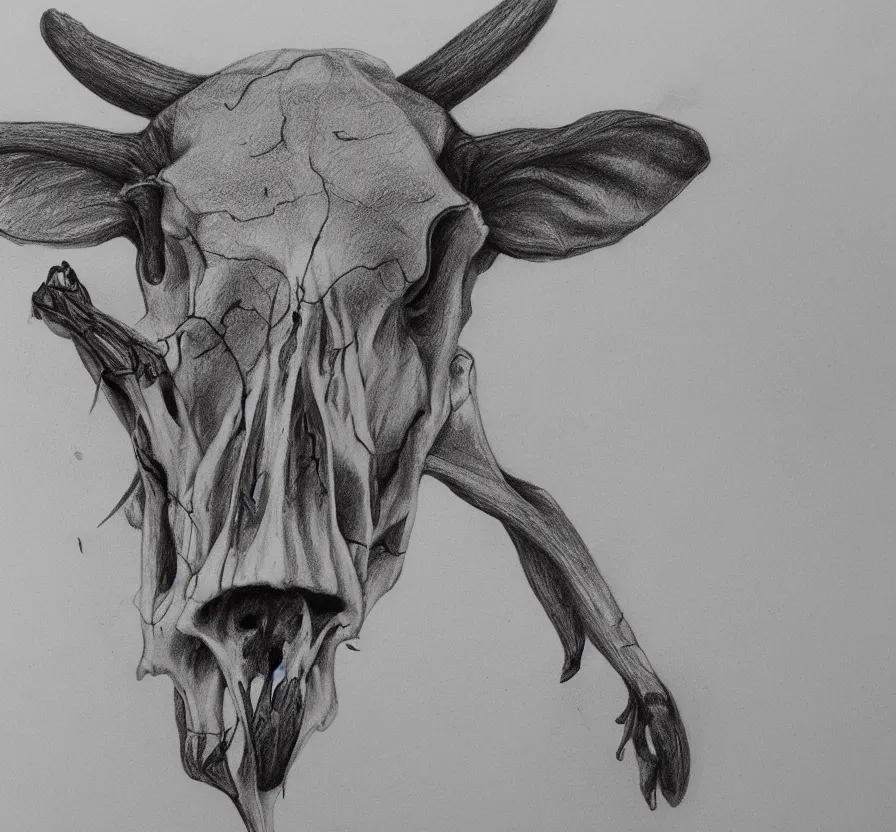 Image similar to cow skull, pencil drawing, pencil, black, sketch, on paper, realistic, detailed, artstation