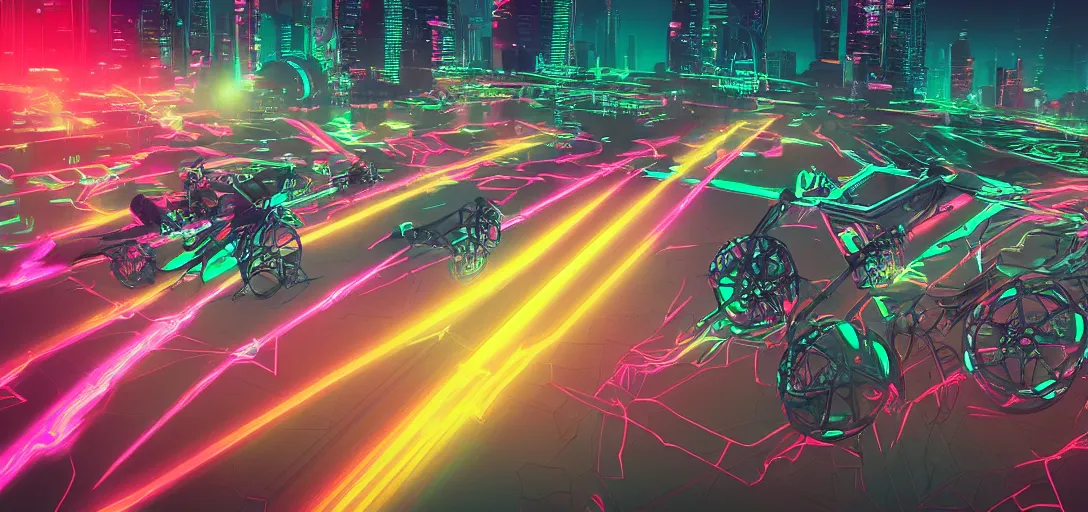 Prompt: cyberpunk, synthwave, vaporware aesthetics, retrowave, flat shading, neon, highly detailed aerial digital art of a tron cyberbike race, drone shot, cell - shaded