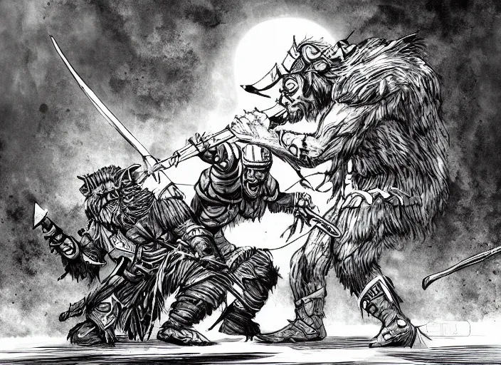 Image similar to a human warrior fighting a bugbear, black and white fantasy illustration by nils gulliksson