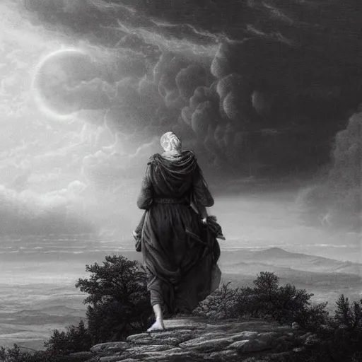 Prompt: A female wanderer looks from a mountaintop, mountains, gorgeous view, velly distant forest, distant city, distant glow, night, moon, dramatic light, Chiaroscuro, long shadows, dark, thunderclouds, masterpiece, high detail, detailed, illustration by Paul Gustave Doré