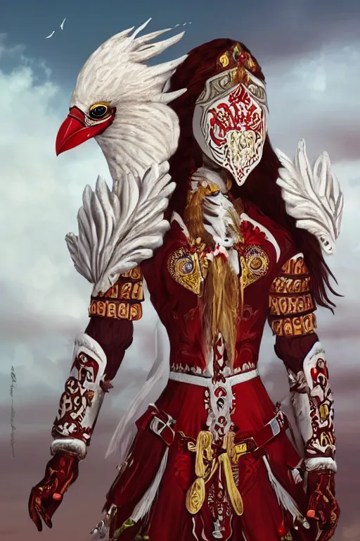 Image similar to female adventurer in tight full - body white embroidered leather armor of vyshyvanka design with red accents and a red porcelain crow mask, trending in artstation, ukrainian, artstation, big moon in the background, establishing shot