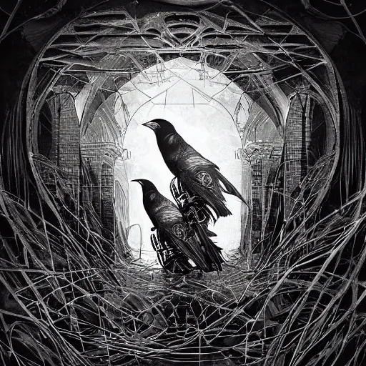 Image similar to crows at a architectural complex with an occult witch by Android Jones and M. C. Escher collaboration, futurist, digital art, dramatic lighting, symbolic