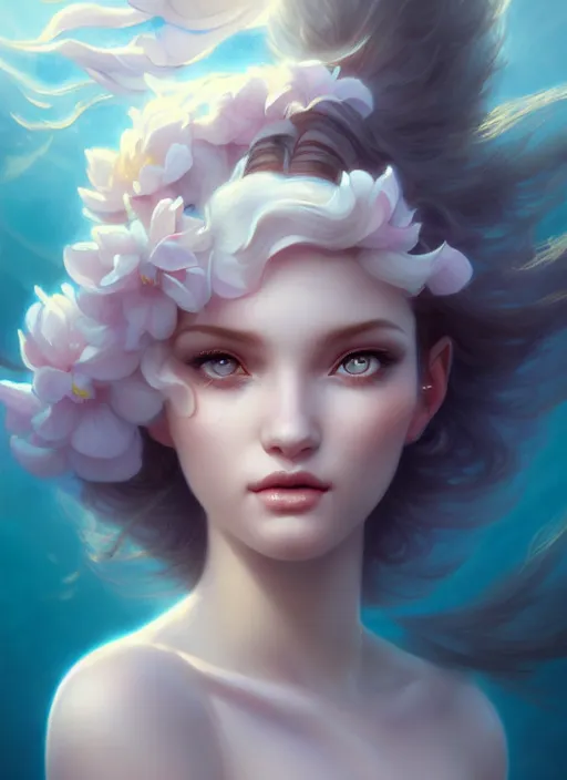 Image similar to character art of a goddess of magnolias as windy dusty underwater angelic young female | | seductive - fine - face, pretty face, key visual, realistic shaded perfect face, fine details by artgerm, wlop, tom bagshaw, james jean, andrei riabovitchev, marc simonetti, trending on artstation
