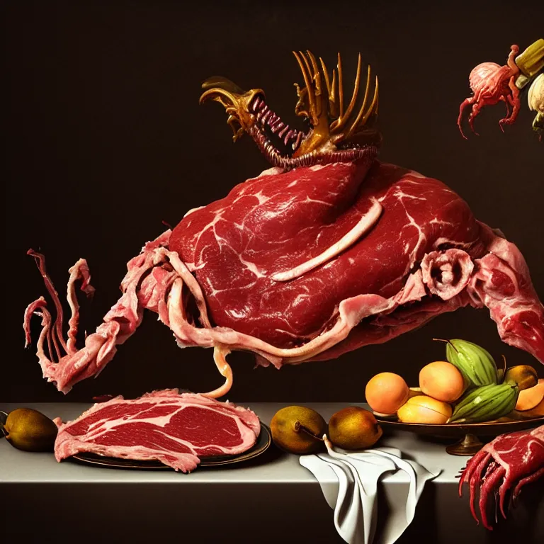 Prompt: still life of rotten meat, xenomorph, beautiful tropical flowers, human spine, tropical fruit baroque painting, beautiful detailed intricate insanely detailed octane render, 8K artistic photography, photorealistic, chiaroscuro, Raphael, Caravaggio
