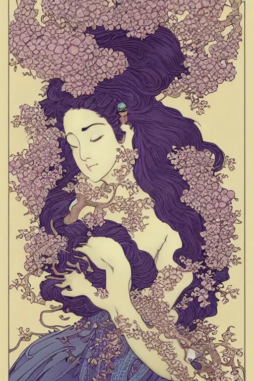 Prompt: beautiful symmetrical goddess of wisteria : : 2, highly detailed, intricate designs, by hokusai, mike mignola, nekro, peter mohrbacher, alphonse mucha, brian froud, yoshitaka amano, kim keever, victo ngai, james jean, jean giraud, elaborate ink illustration, trending on artstation