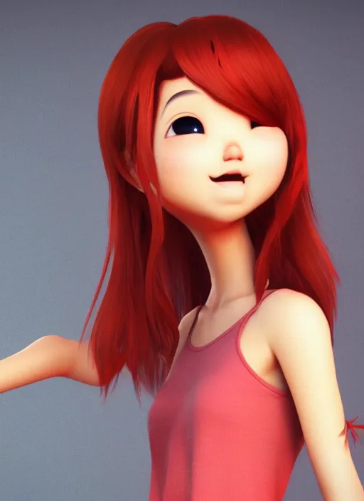 Prompt: a cute asian girl dancing, red hair, in the style of pixar animation, full body shot, viewed from bellow, award winning, hyper detailed, studio lighting, artstation, octane renderer, unreal engine