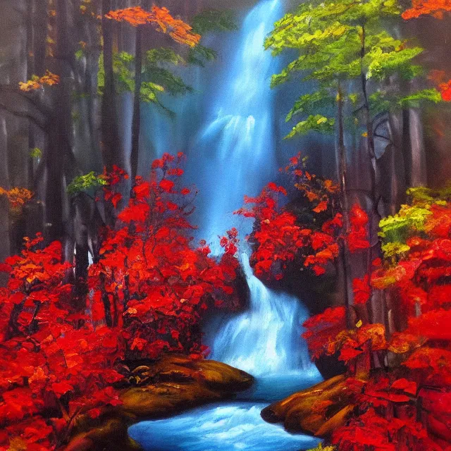 Image similar to red waterfall in a colorful forest, oil painting