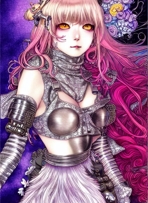 Image similar to highly detailed terada katsuya artstation artgerm manga poster of cat girl mechine, rainbow gradient reflection, ayami kojima, long hair, armor, dress, laces, ruffles, 8 k, maximalist, takato yamamoto