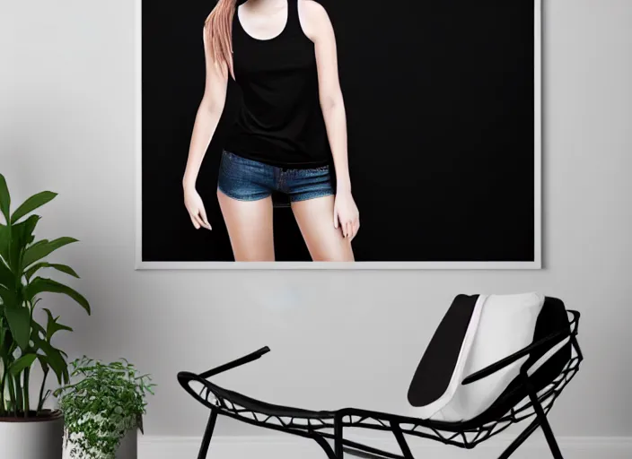 Prompt: clear photorealistic mockup product photograph of a blank black tshirt on an attractive female model in front of a livingroom!! background