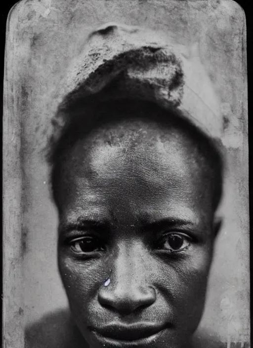 Prompt: dreamy close up portrait of a congolese, photo realistic, elegant, award winning photograph, parallax, cinematic lighting, ambrotype wet plate collodion by martin shuller, richard avedon dorothe lange and and shane balkowitsch