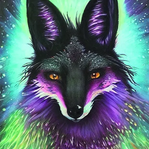 Image similar to a realistic blacklight black velvet painting of an avatar of an awesome foxfolk mage with a fox skull face, hummingbird feathers for fur, themed around death and astronomy, in the style of dnd beyond avatar portraits, beautiful, artistic, elegant, lens flare, magical, lens flare, nature, realism, stylized, art by jeff easley