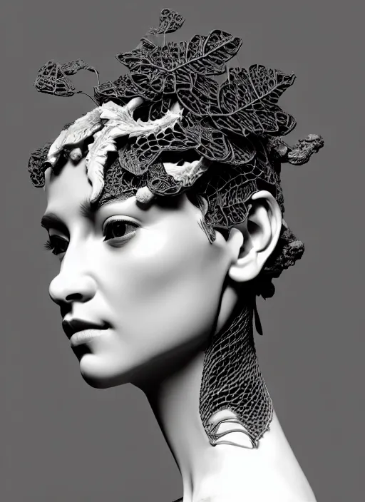 Image similar to complex 3d render ultra detailed of a beautiful porcelain profile woman face, black eyes, mechanical vegetal dragon cyborg, 150 mm, beautiful natural soft light, rim light, silver vanilla details, neural network, synapsis, magnolia big leaves and stems, roots, fine foliage lace, maze like, mesh wire, intricate details, hyperrealistic, ultra detailed, mandelbrot fractal, anatomical, white metal neocubism armor, facial muscles, cable wires, microchip, elegant, octane render, black and white, H.R. Giger style, 8k, trending on Artstation, unreal engine