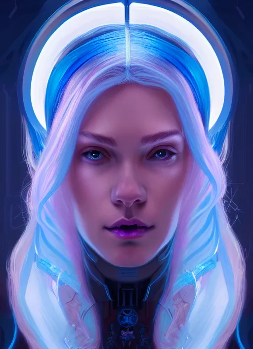 Image similar to symmetry!! portrait of woman with long flaming blue hair, sci - fi, tech wear, glowing lights!! intricate, elegant, highly detailed, digital painting, artstation, concept art, smooth, sharp focus, illustration, art by artgerm and greg rutkowski and alphonse mucha, 8 k