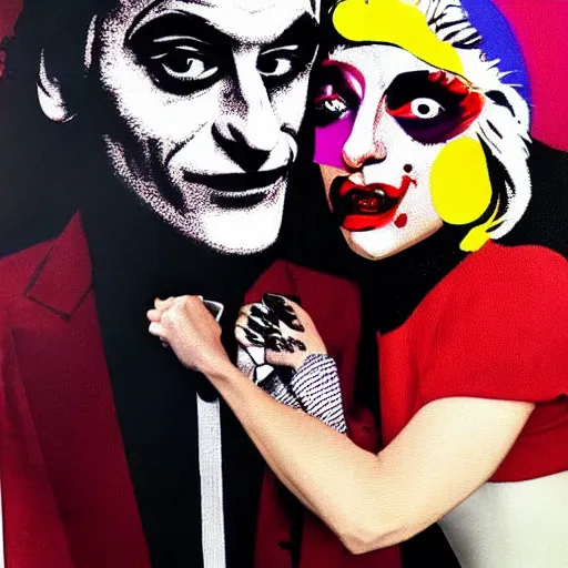 Prompt: mimmo rottela and banksy as joaquin phoenix skinny joker holding hand lady gaga harley queen, photorealistic, intricate details, pop art style, concept art, 3 colors, 4 d, smooth, sharp focus