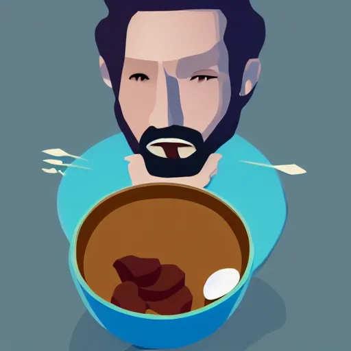 Prompt: poster of a man eating blue cyan soup from a wooden bowl, award winning, trending on artstation, unreal engine