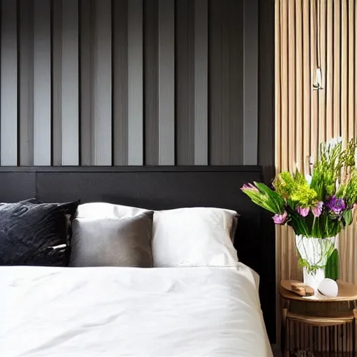 Prompt: bedroom, stone, interior design, stylish luxury hotel bedroom design, yakisugi, black vertical slatted timber, textures, feminine, black walls, art, vase with flowers, Japanese and Scandinavian influences