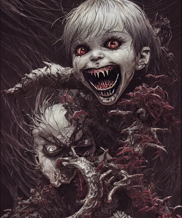 Prompt: a child demon with a sinister grin, crisp 8 k line art, digital painting, artstation, unreal engine, octane render, emissive lighting, concept art, matte, sharp focus, hyper realistic lighting, illustration, art by junto ito and takato yamamoto and philippe druillet