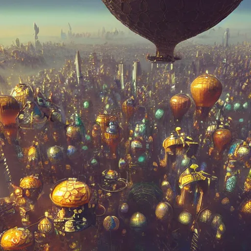 Image similar to enormous flying city in a gigantic faberge egg, sky, steampunk, flying islands, fantasy art, octane render