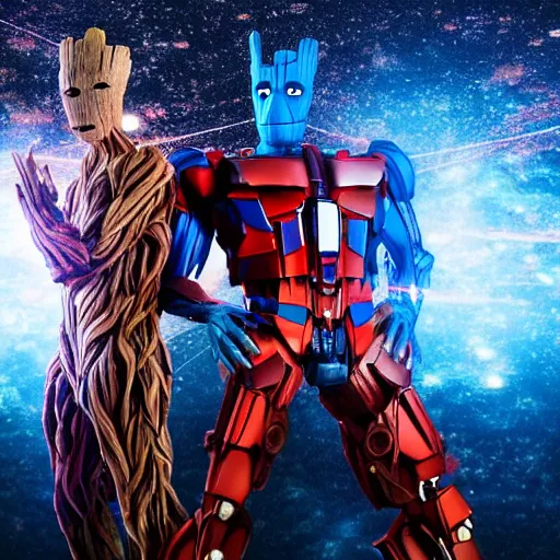 Image similar to groot and optimus prime dancing at techno party among people, wide shoot, after effect ultra realistic 3 d