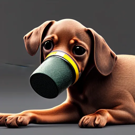 Prompt: photo of a puppy wiener dog, gas mask. photo, award winning. Octane render, 4k, 8k, unreal 5, very detailed, hyper control-realism, depth of field.