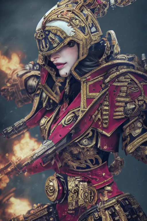 Prompt: a photo of adepta sororitas, warhammer 4 0 k setting, dynamic pose, close - up, intricate details, intricately detailed clothing, intricate textures, warm lighting, vivid colors, smoke and mist, realistic octane render, hyper realistic render, volumetric shading, depth of field, raytracing, 8 k,