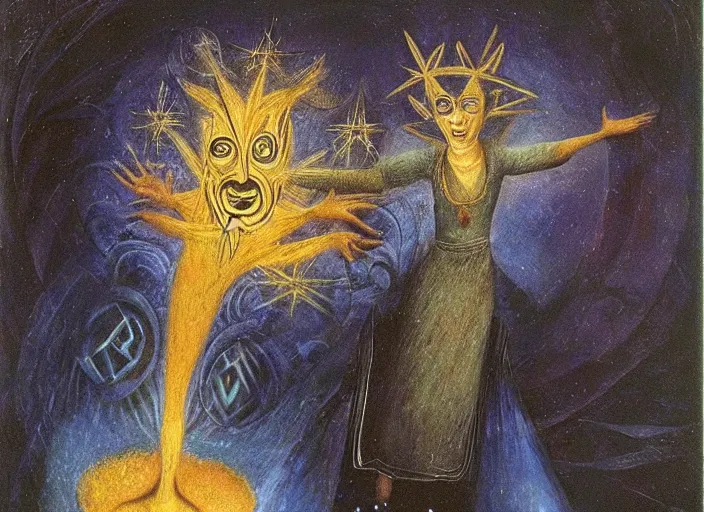 Image similar to a shaman mystic woman spirit holding up the cosmic!! universe, by remedios varo, reflection, symbolist, magic colors, dramatic lighting, smooth, sharp focus, extremely detailed, aesthetically pleasing composition