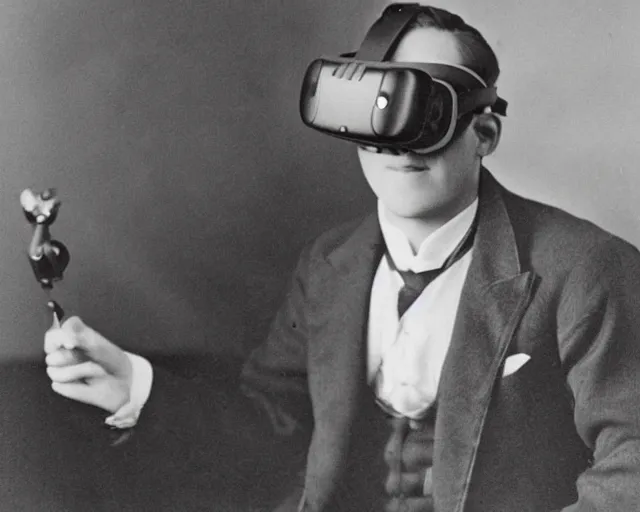 Prompt: 1 9 2 0 s photo of a person wearing a vr virtual reality headset