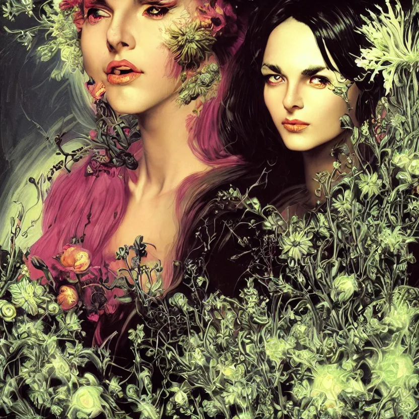 Prompt: baroque neoclassicist close - up sci - fi portrait of a fantasy young witch girl overgrown with flowers and big glowing eyes. iridescence. dark black ominous background, glowing atmosphere. highly detailed science fiction horror fantasy painting by norman rockwell, frank frazetta, and syd mead. rich colors, high contrast, gloomy atmosphere. trending on artstation and behance.