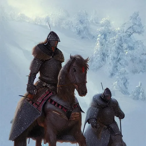 Prompt: “Two medieval knights wearing furs on horseback in the snow in the middle of the mountains, snow storm, fantasy, highly detailed, digital painting, artstation, concept art, illustration, art by Greg Rutkowski and Marc Simonetti