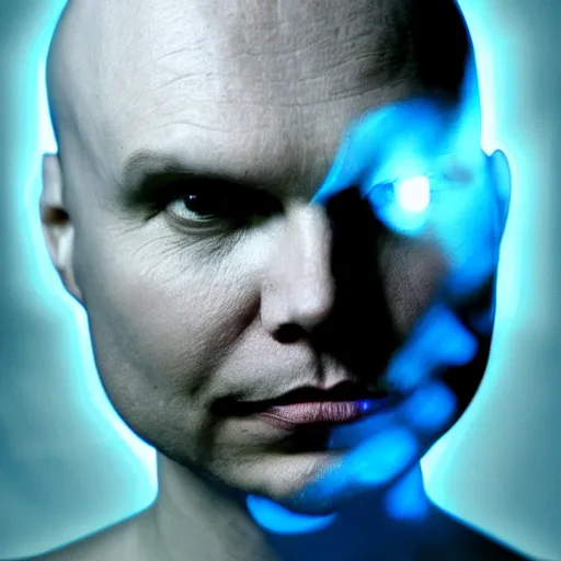 Image similar to the face of billy corgan illuminated by fire, and as if his soul is consumed by darkness, but a single light shines, and the darkness of the night is replaced by the light of justice.