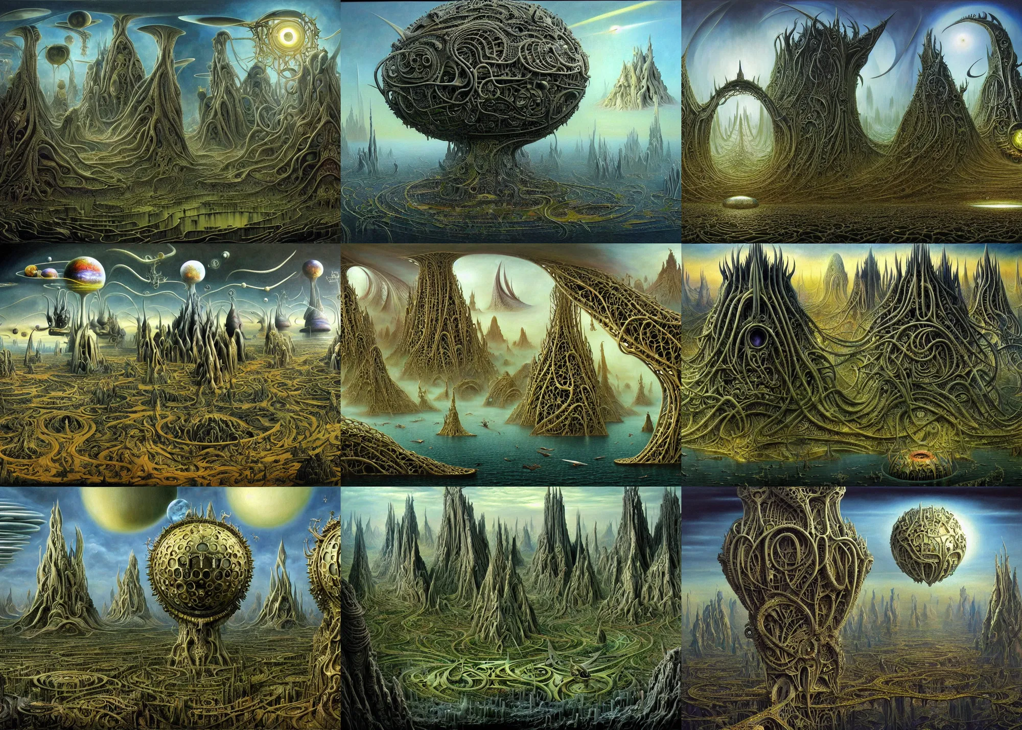 Prompt: a beautiful and insanely detailed oil painting of an advanced sprawling alien civilization with surreal architecture designed by Heironymous Bosch and Jim Burns, mega structures inspired by Heironymous Bosch's Garden of Earthly Delights, stunning sci-fi concept art, dynamic composition, masterpiece!!, grand!, imaginative!!!, intricate details, sense of awe, elite, featured on artstation, award winning