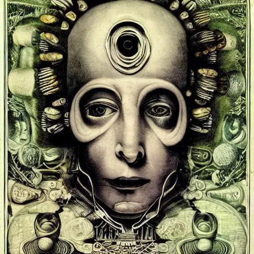 Image similar to post - punk new age album cover, asymmetrical design, dollar bank notes, capitalism, magic, apocalypse, psychedelic, black white pink, magic, giger h. r., giuseppe arcimboldo