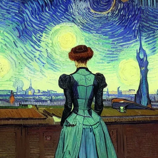 Prompt: portrait of a victorian lady in a futuristic city, from behind, streets, beautiful, sci-fi, open sky, tall buildings, highly detailed, digital painting by Van Gogh