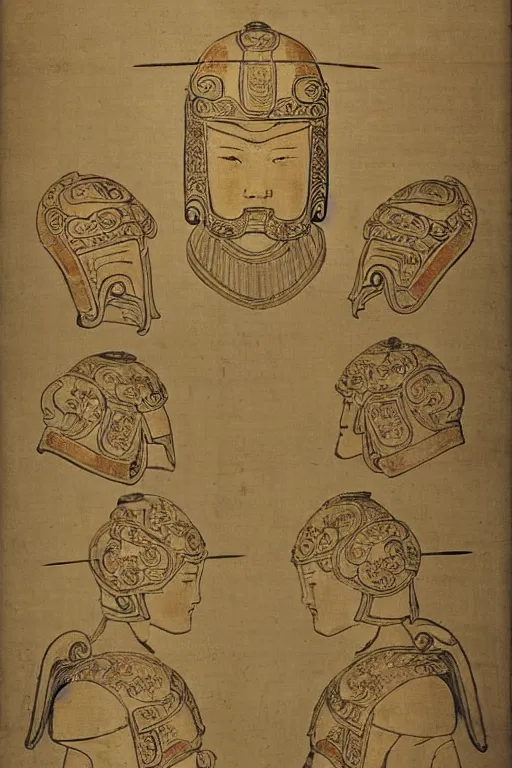 Prompt: a set of battle armor and helmet in tang dynasty of china, ancient, fine pattern carving, by bouguereau