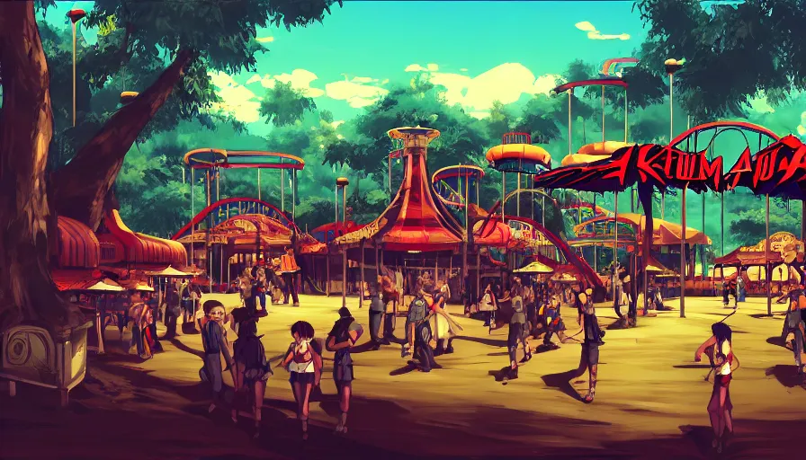 Image similar to concept art from a amusement park on a old civilization as a scenario background of kof snk 2 0 0 0 by jama jurabaev, cel shaded, cinematic shot, trending on artstation, high quality, brush stroke, amusement park on a old civilization